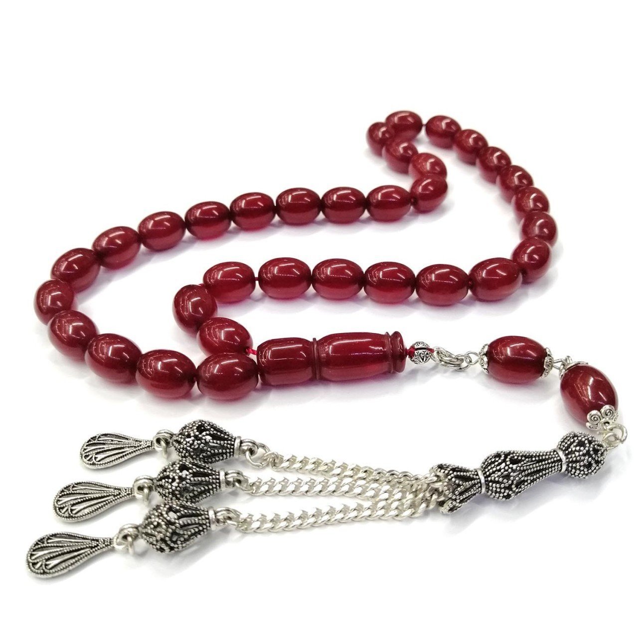 Kararmaz Püsküllü Tombul Beyzi Kesim Kırmızı Renk Sıkma Kehribar Tesbih