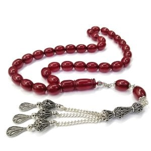 Kararmaz Püsküllü Tombul Beyzi Kesim Kırmızı Renk Sıkma Kehribar Tesbih