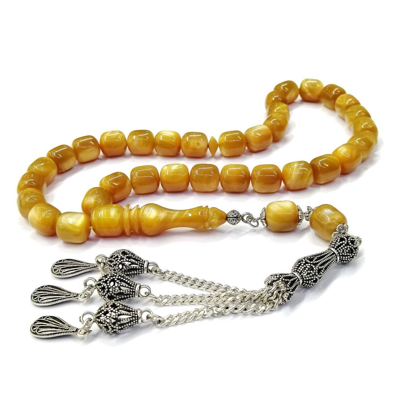 Kararmaz Püsküllü Teker Kesim Koyu Sarı Renk Simli Katalin Tesbih