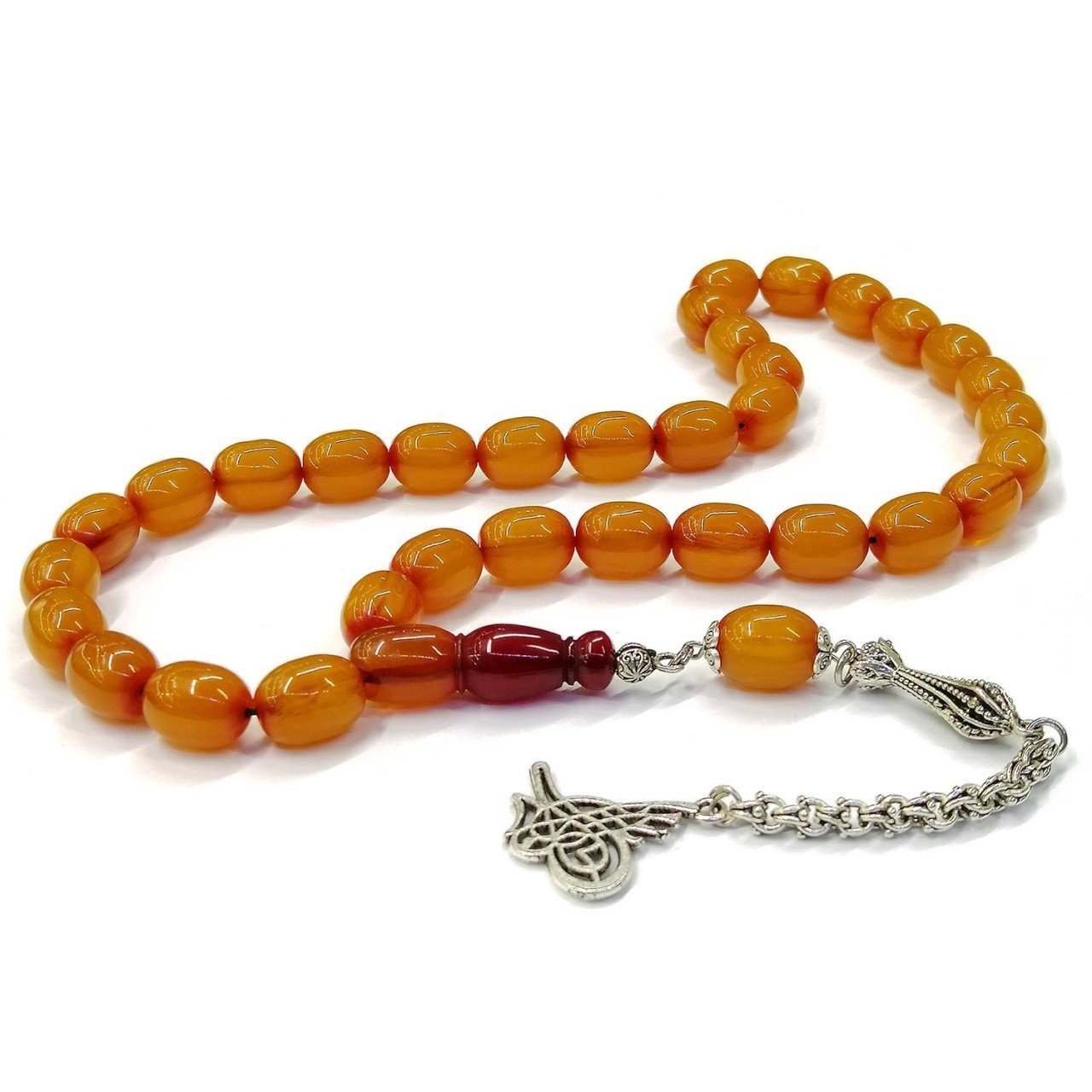 Kararmaz Püsküllü Tombul Beyzi Kesim Sarı Renk Dik Damarlı Sıkma Kehribar Tesbih