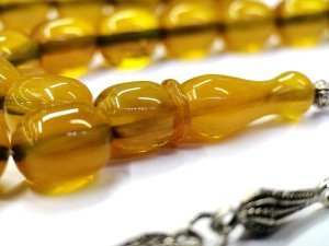 Kapsül Kesim Bal Rengi Dik Damarlı Sıkma Kehribar Tesbih