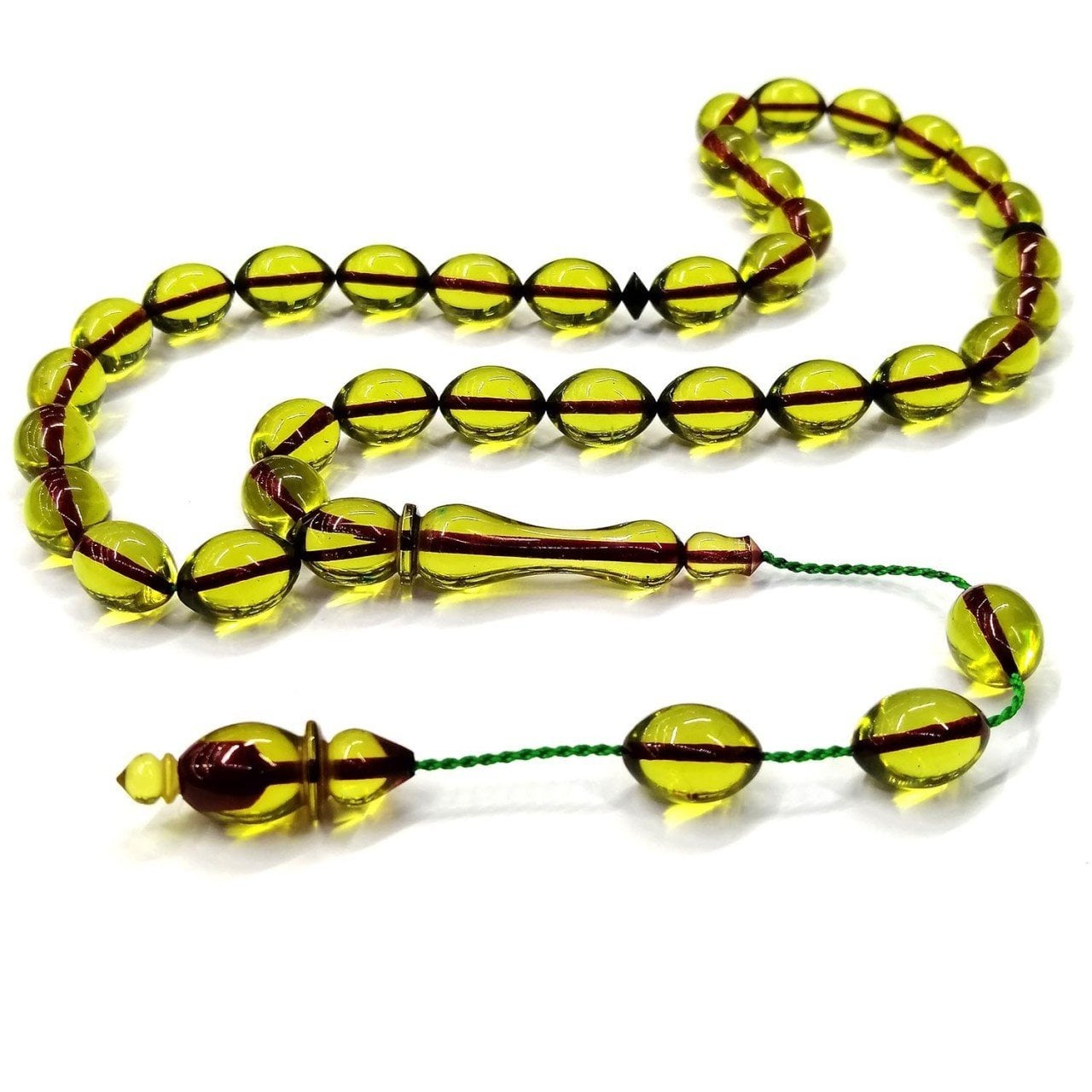 Sistemli Püsküllü Beyzi Kesim Şeffaf Yeşil Renk Ateş Kehribar Tesbih