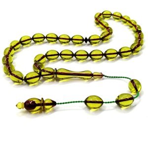 Sistemli Püsküllü Beyzi Kesim Şeffaf Yeşil Renk Ateş Kehribar Tesbih