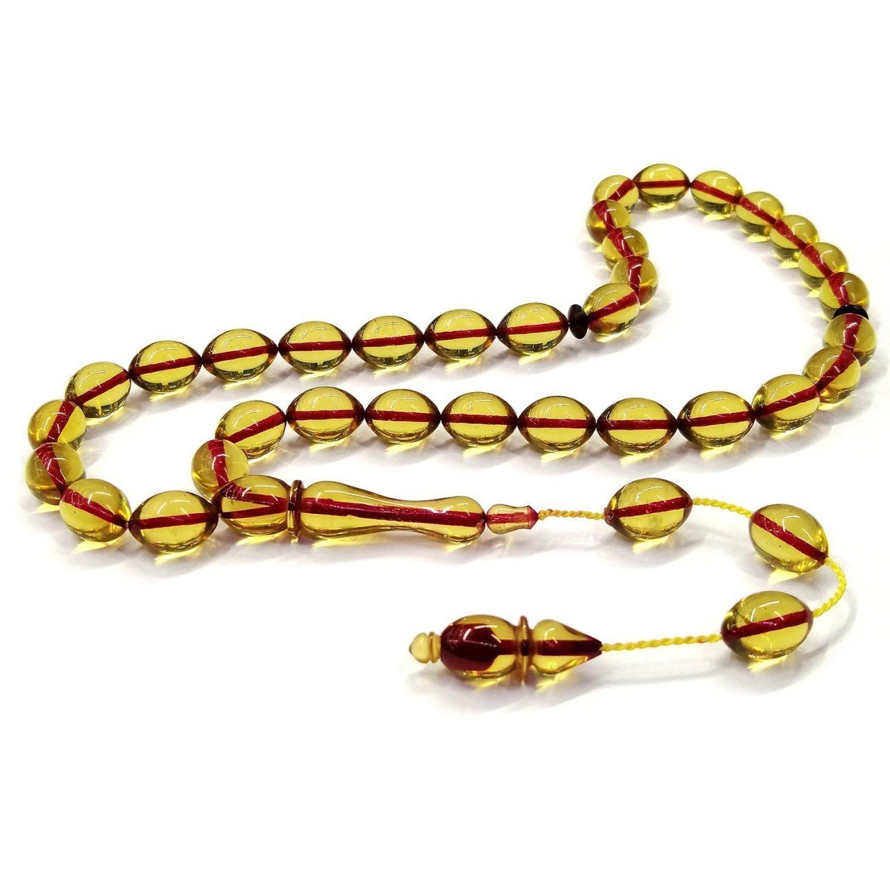 Sistemli Püsküllü Beyzi Kesim Şeffaf Sarı Renk Ateş Kehribar Tesbih