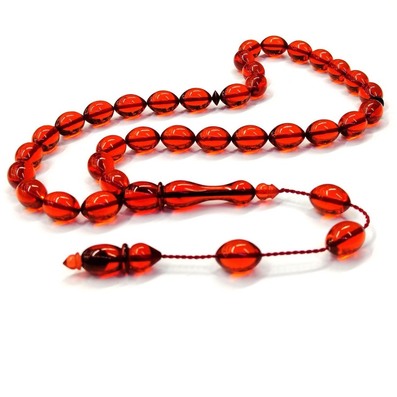 Sistemli Püsküllü Beyzi Kesim Şeffaf Turuncu Renk Ateş Kehribar Tesbih