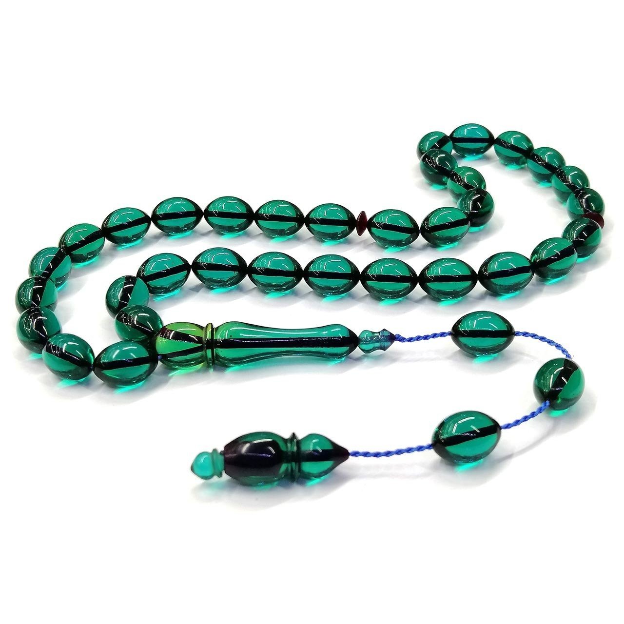 Sistemli Püsküllü Beyzi Kesim Yeşil Renk Ateş Kehribar Tesbih