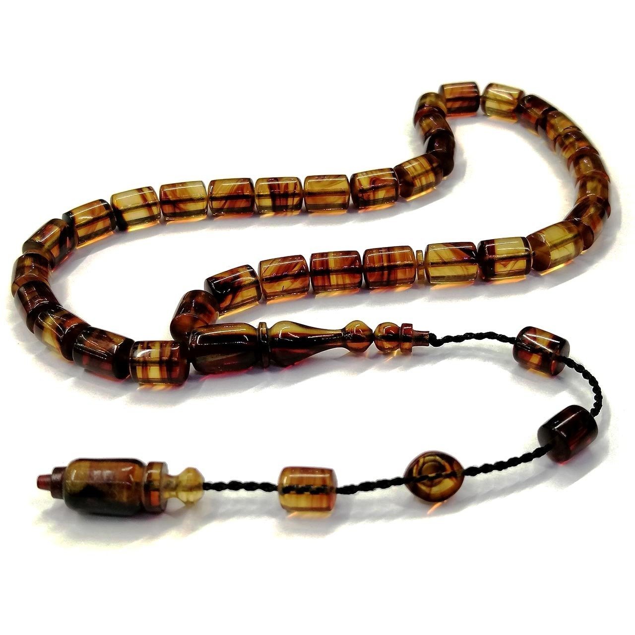 Usta İmzalı Sistemli Püsküllü Kapsül Kesim Bal Rengi Hareli Ateş Kehribar Tesbih