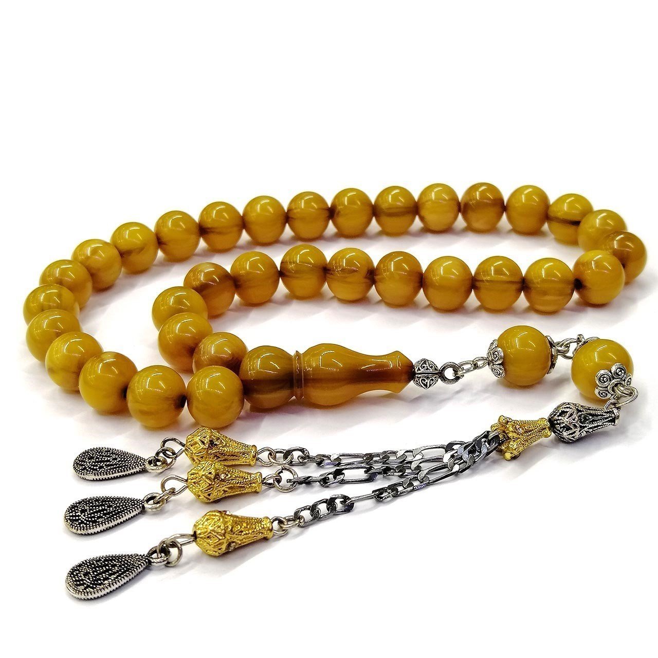 Kararmaz Püsküllü Küre Kesim Sarı Renk Dik Damarlı Sıkma Kehribar Tesbih