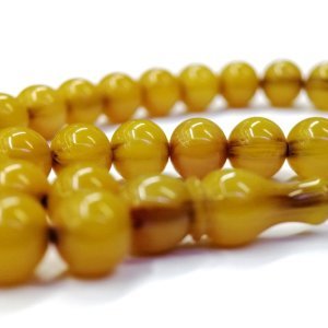 Kararmaz Püsküllü Küre Kesim Sarı Renk Dik Damarlı Sıkma Kehribar Tesbih