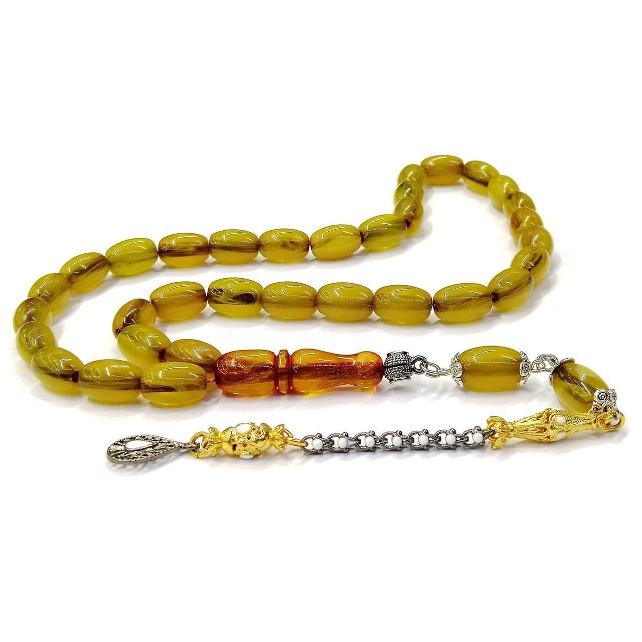 Mineli Püsküllü Beyzi Kesim Yeşil Renk Çubuk Malzeme Dik Damarlı Sıkma Kehribar Tesbih