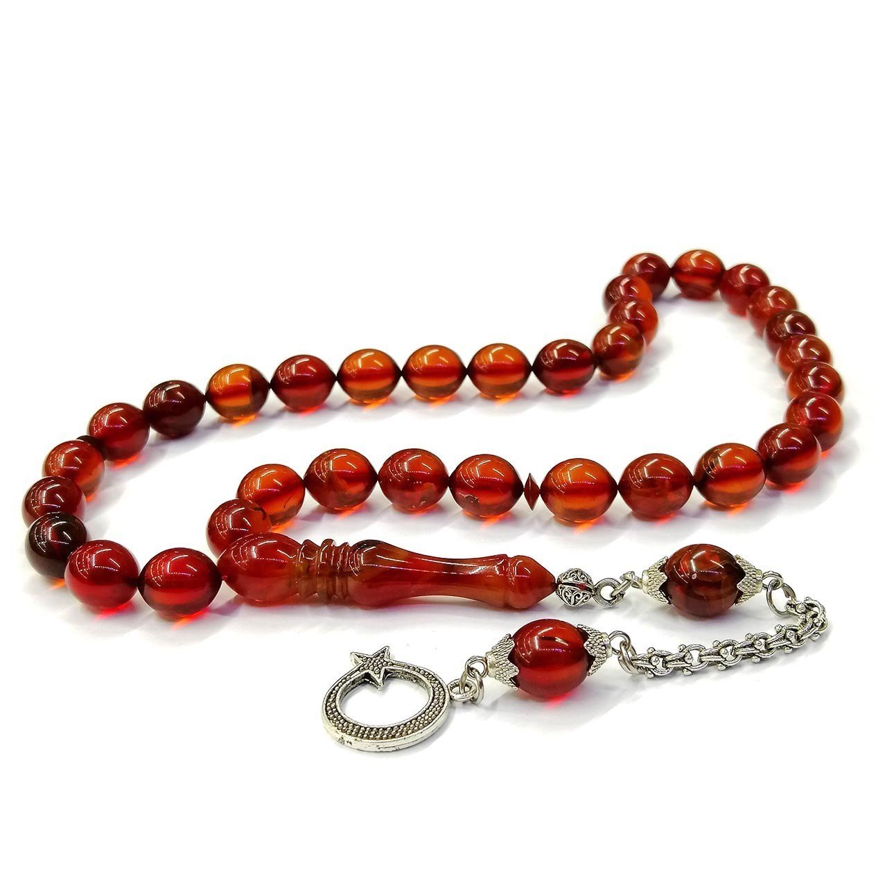 Tombul Beyzi Kesim Kırmızı Renk Hareli Ateş Kehribar Tesbih