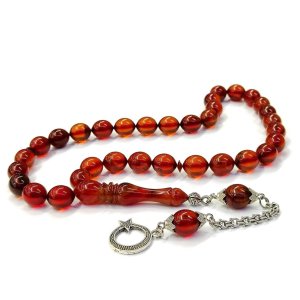 Tombul Beyzi Kesim Kırmızı Renk Hareli Ateş Kehribar Tesbih