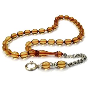 Beyzi Kesim Şeffaf Sarı Ateş Kehribar Tesbih