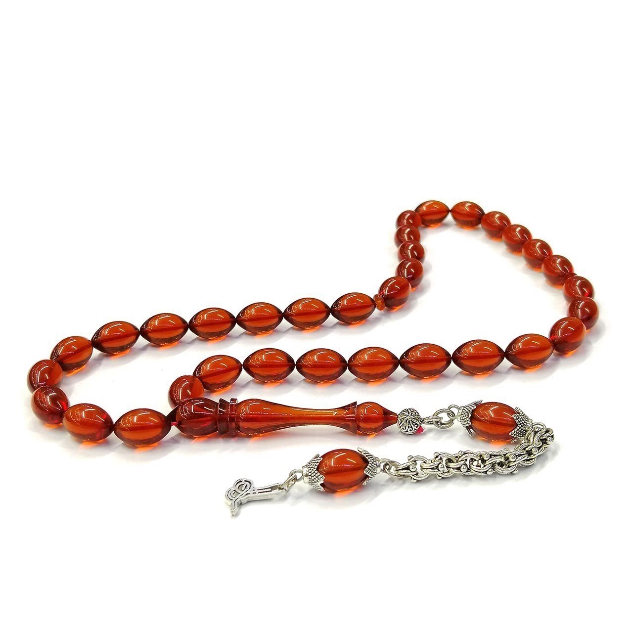 Tuğra Püsküllü Beyzi Kesim Çay Rengi Ateş Kehribar Tesbih