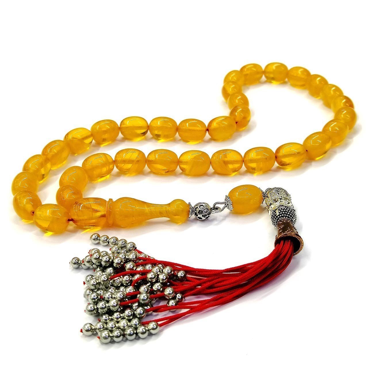 Osmanlı Saray Modeli Püsküllü Beyzi Kesim Sarı Sıkma Kehribar Tesbih