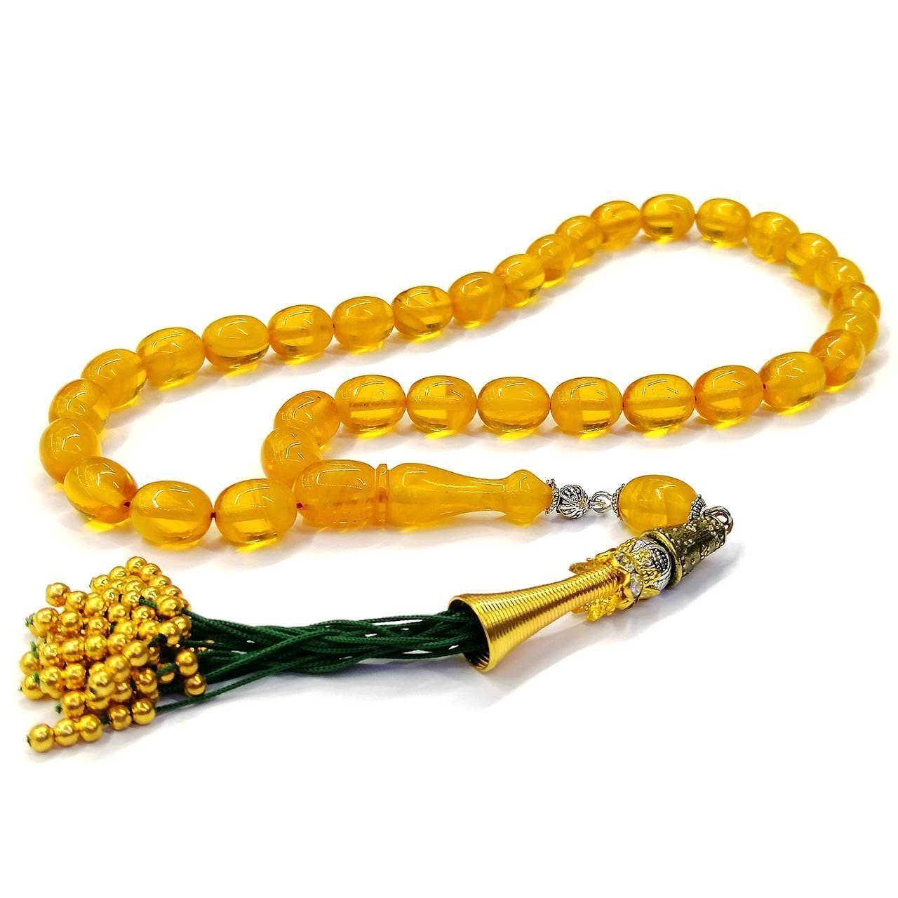 Osmanlı Saray Modeli Püsküllü Beyzi Kesim Hareli Sarı Sıkma Kehribar Tesbih