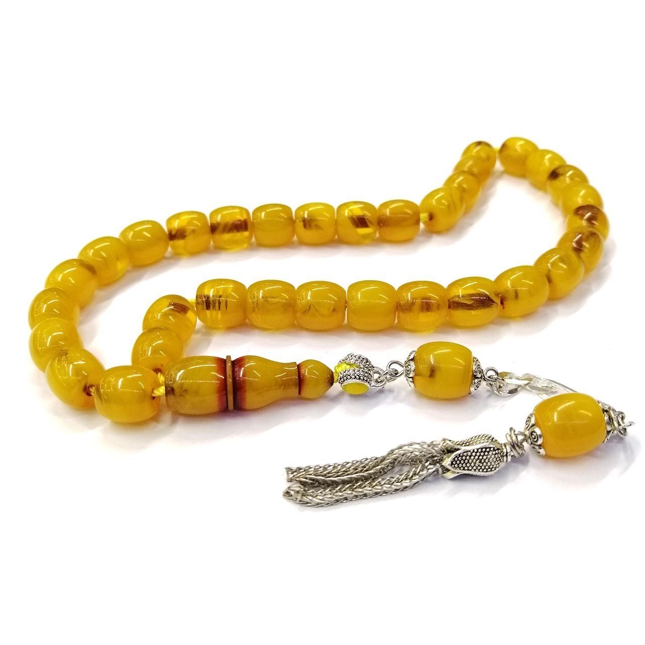 Kararmaz Püsküllü Teker Kesim Çubuk Malzeme Sıkma Kehribar Tesbih