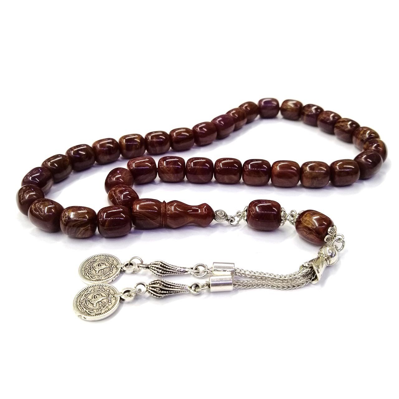 Kararmaz Metal Püsküllü Teker Kesim Mor Sıkma Kehribar Tesbih