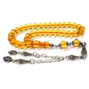 Kararmaz Metal Püsküllü Basık Küre Kesim Sarı Ateş Kehribar Tesbih