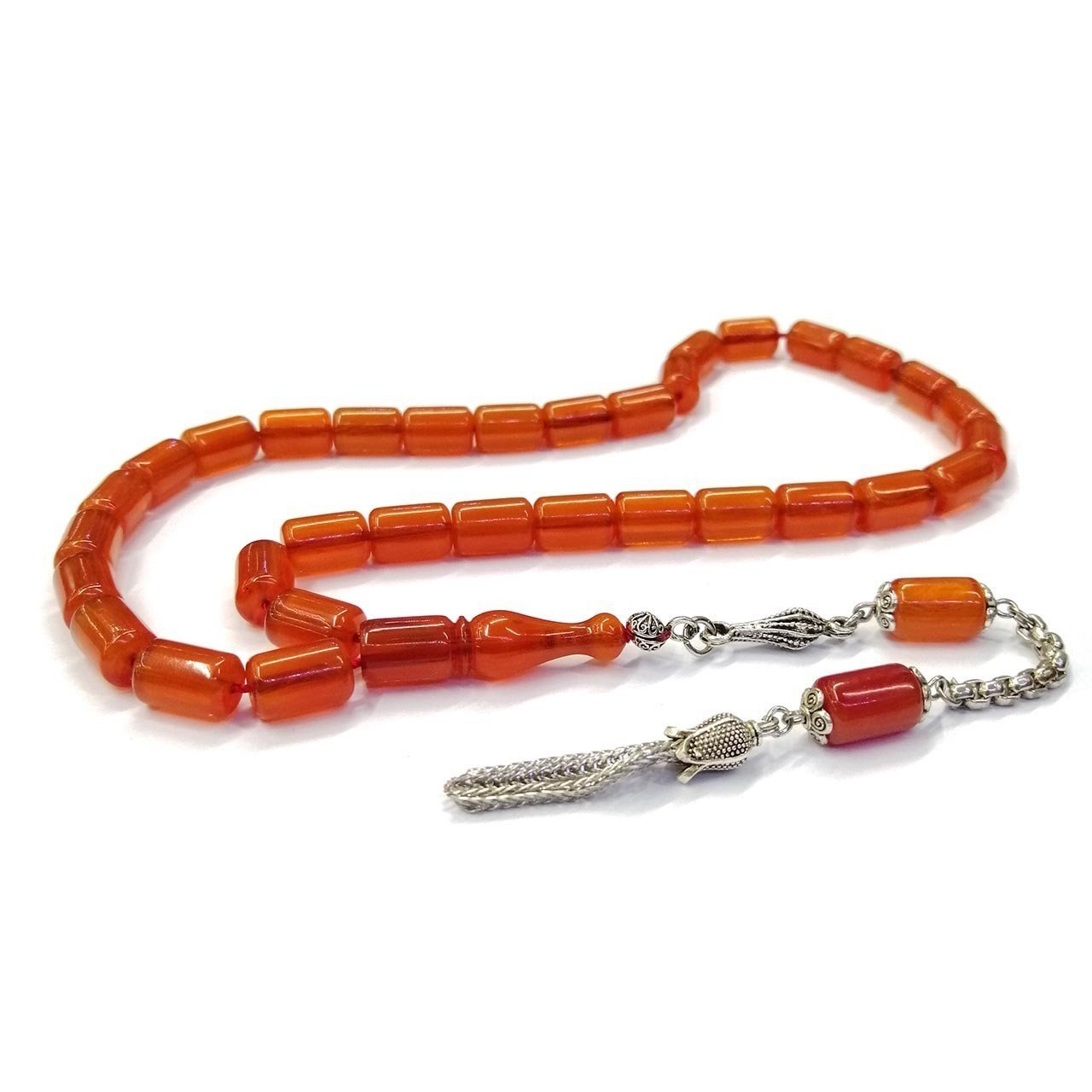 Kararmaz Metal Püsküllü Kesme Turuncu Çubuk Malzeme Sıkma Kehribar Tesbih