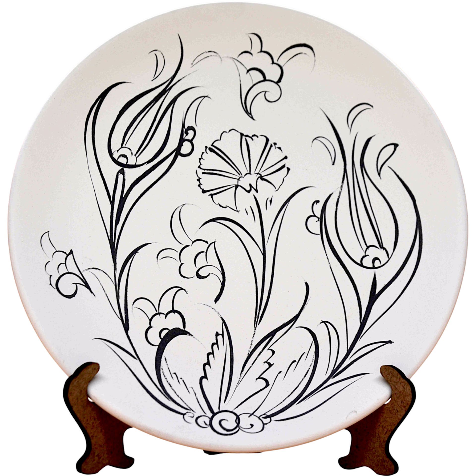 Boyanabilir 18cm Tahrirli Çini Bisküvi Tabak Lale Karanfil Desenli