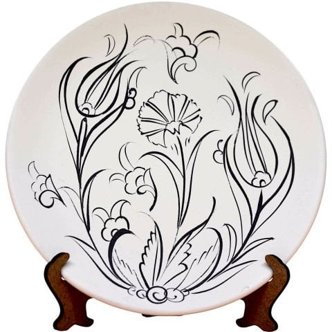 Boyanabilir 18cm Tahrirli Çini Bisküvi Tabak Lale Karanfil Desenli