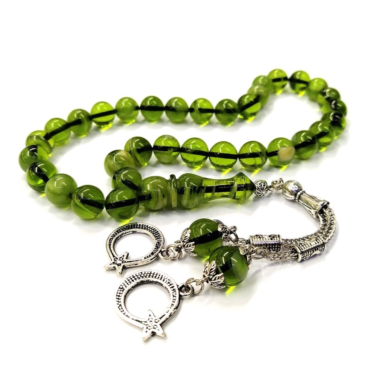 Küre Kesim Yeşil Renk Helazon Damarlı Sıkma Kehribar Tesbih