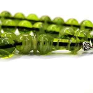 Küre Kesim Yeşil Renk Helazon Damarlı Sıkma Kehribar Tesbih