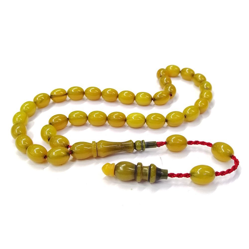 Sistemli Püsküllü Yumurta Kesim Sarı Çubuk Sıkma Kehribar Tesbih