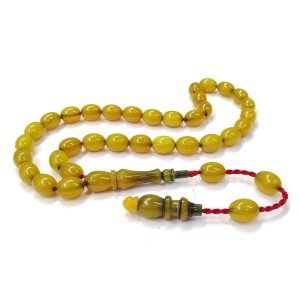 Sistemli Püsküllü Yumurta Kesim Sarı Çubuk Sıkma Kehribar Tesbih