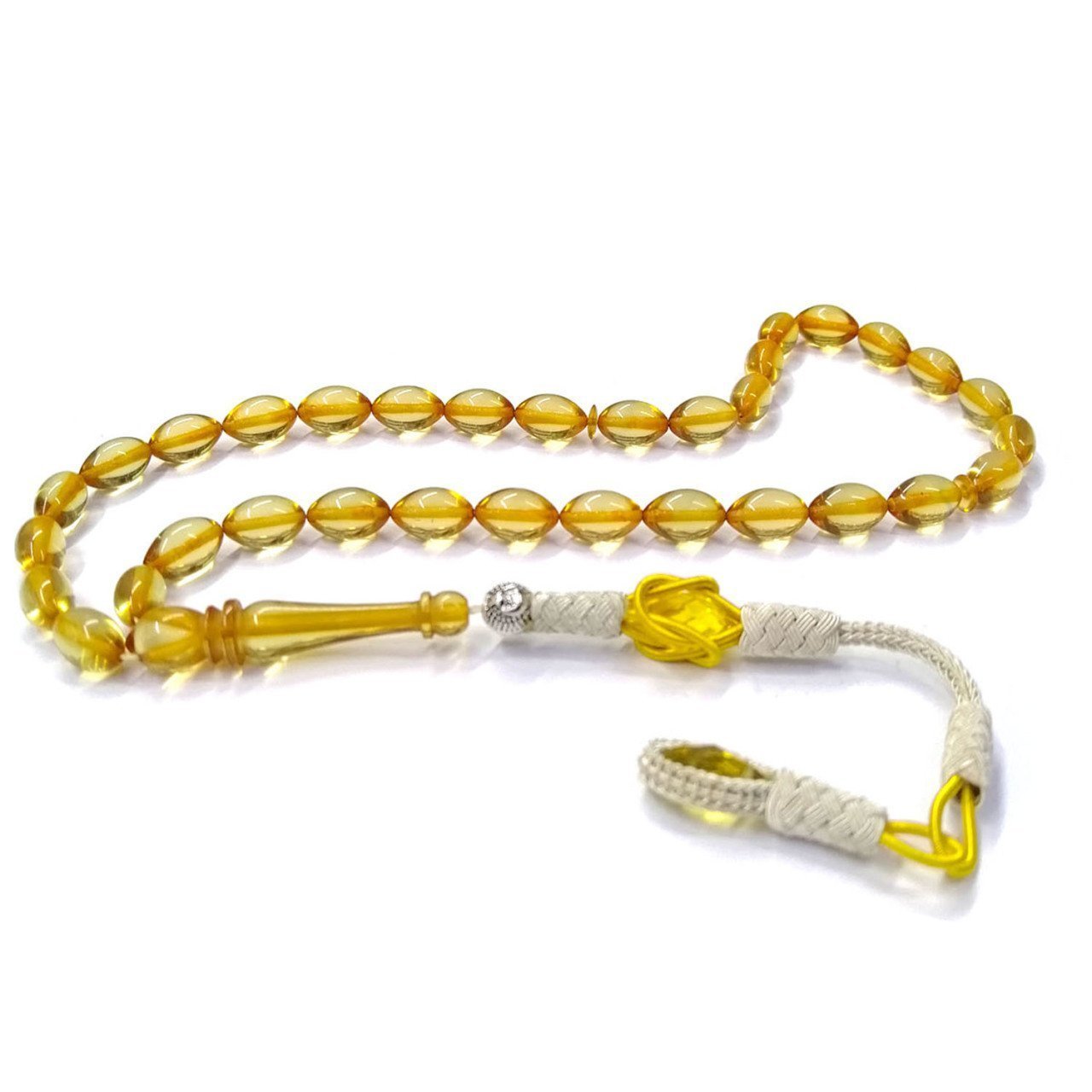 Kazaz Püsküllü Beyzi Kesim Şeffaf Sarı Ateş Kehribar Tesbih