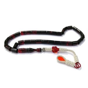 Bakır Kazaz Püsküllü Kesme Model Kırmızı Siyah Sıkma Kehribar Tesbih