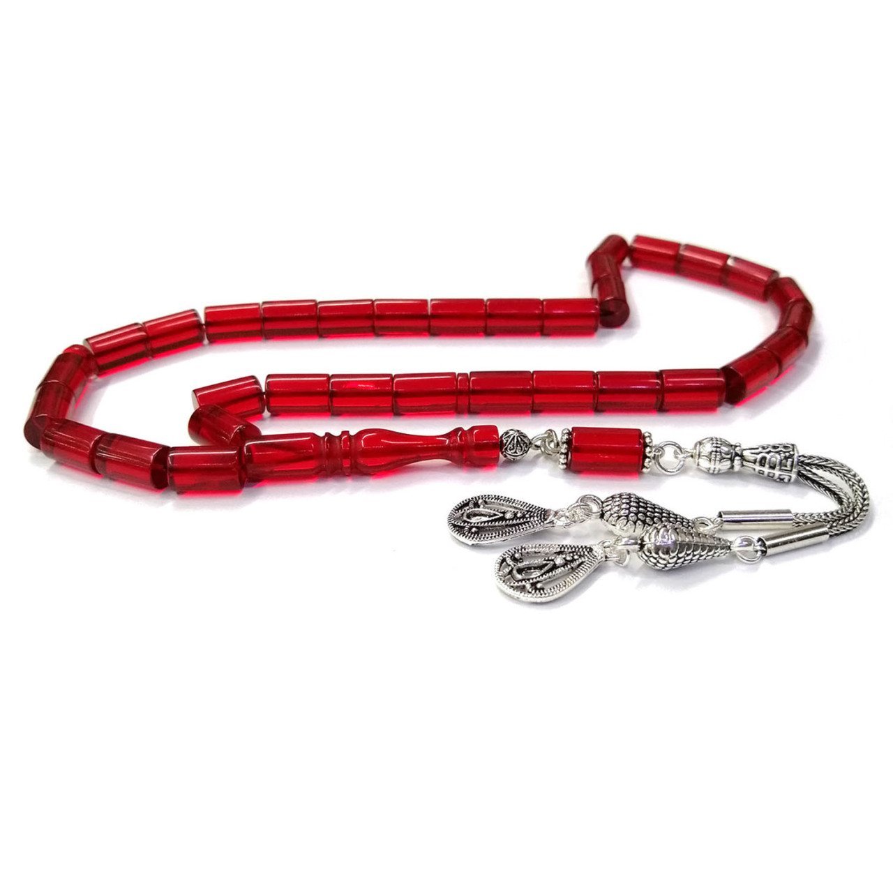 Gümüş Kaplama Püsküllü Kesme Model Kırmızı Ateş Kehribar Tesbih