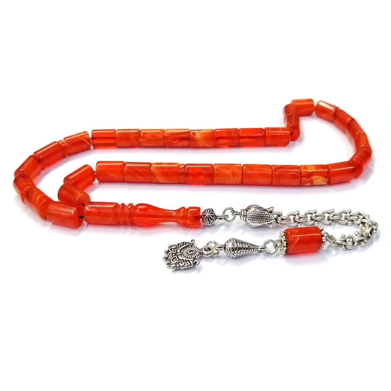 Gümüş Kaplama Püsküllü Kesme Model Turuncu Sıkma Kehribar Tesbih