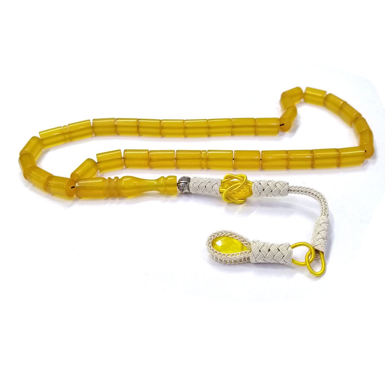 Özel El Örmesi Kazaz Püsküllü Kesme Model Sarı Sıkma Kehribar Tesbih