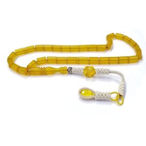 Özel El Örmesi Kazaz Püsküllü Kesme Model Sarı Sıkma Kehribar Tesbih