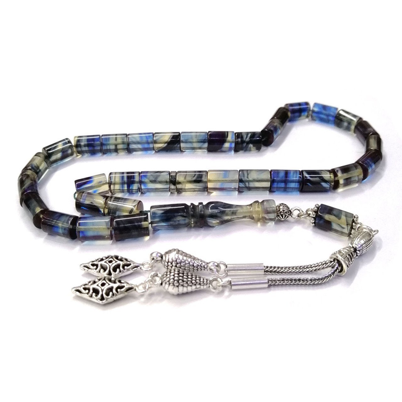 Pirinç Üzeri Gümüş Kaplama Püsküllü Kesme Model Lacivert Sıkma Kehribar Tesbih