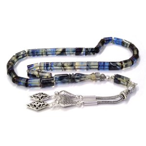 Pirinç Üzeri Gümüş Kaplama Püsküllü Kesme Model Lacivert Sıkma Kehribar Tesbih