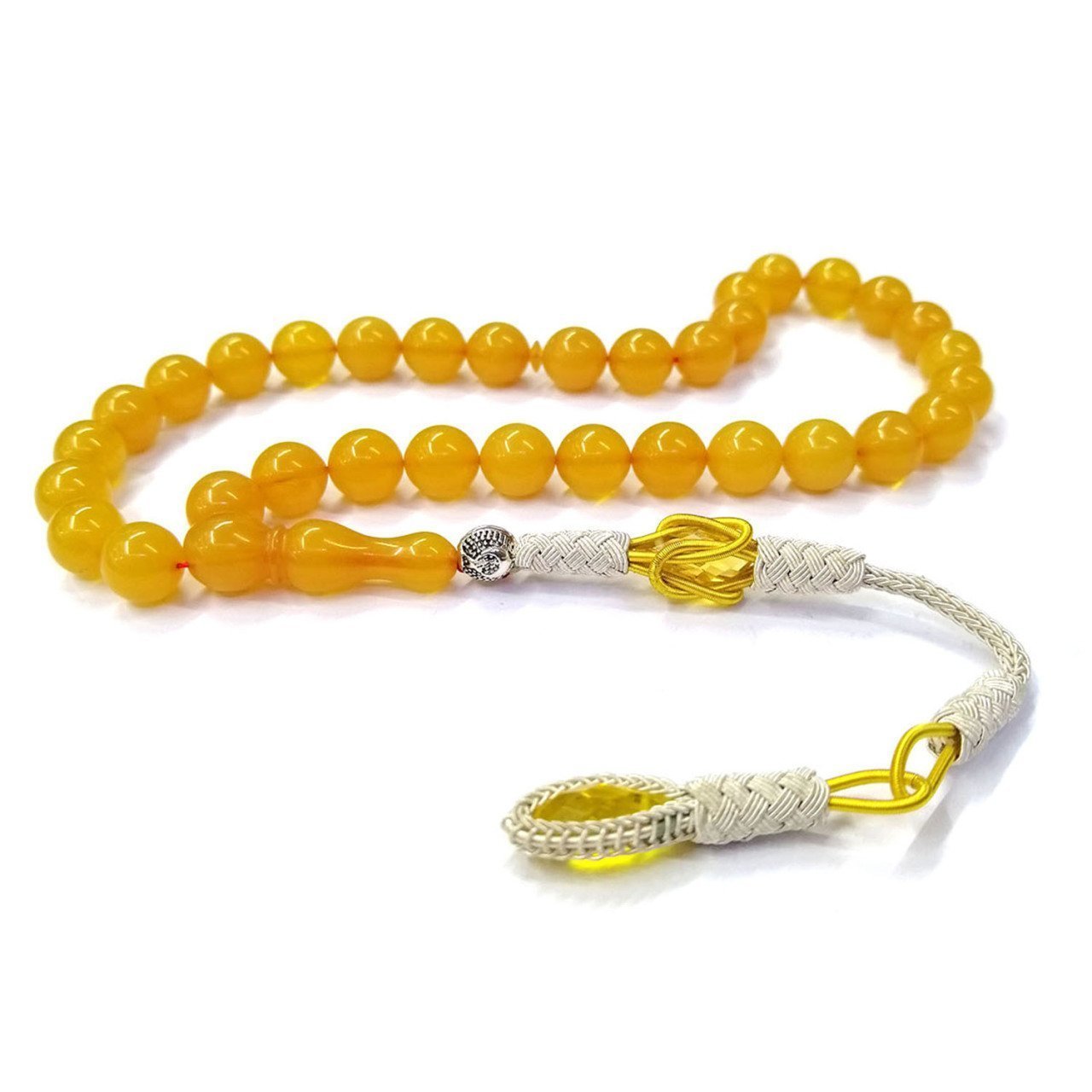 Bakır Kazaz Püsküllü Küre Kesim Sarı Sıkma Kehribar Tesbih