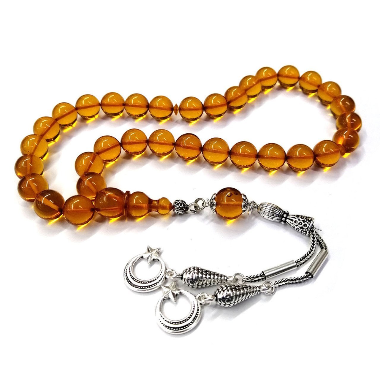 Gümüş Kaplama Püsküllü Küre Kesim Turuncu Renk Ateş Kehribar Tesbih