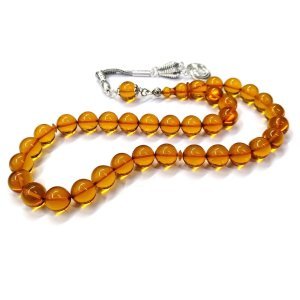 Gümüş Kaplama Püsküllü Küre Kesim Turuncu Renk Ateş Kehribar Tesbih