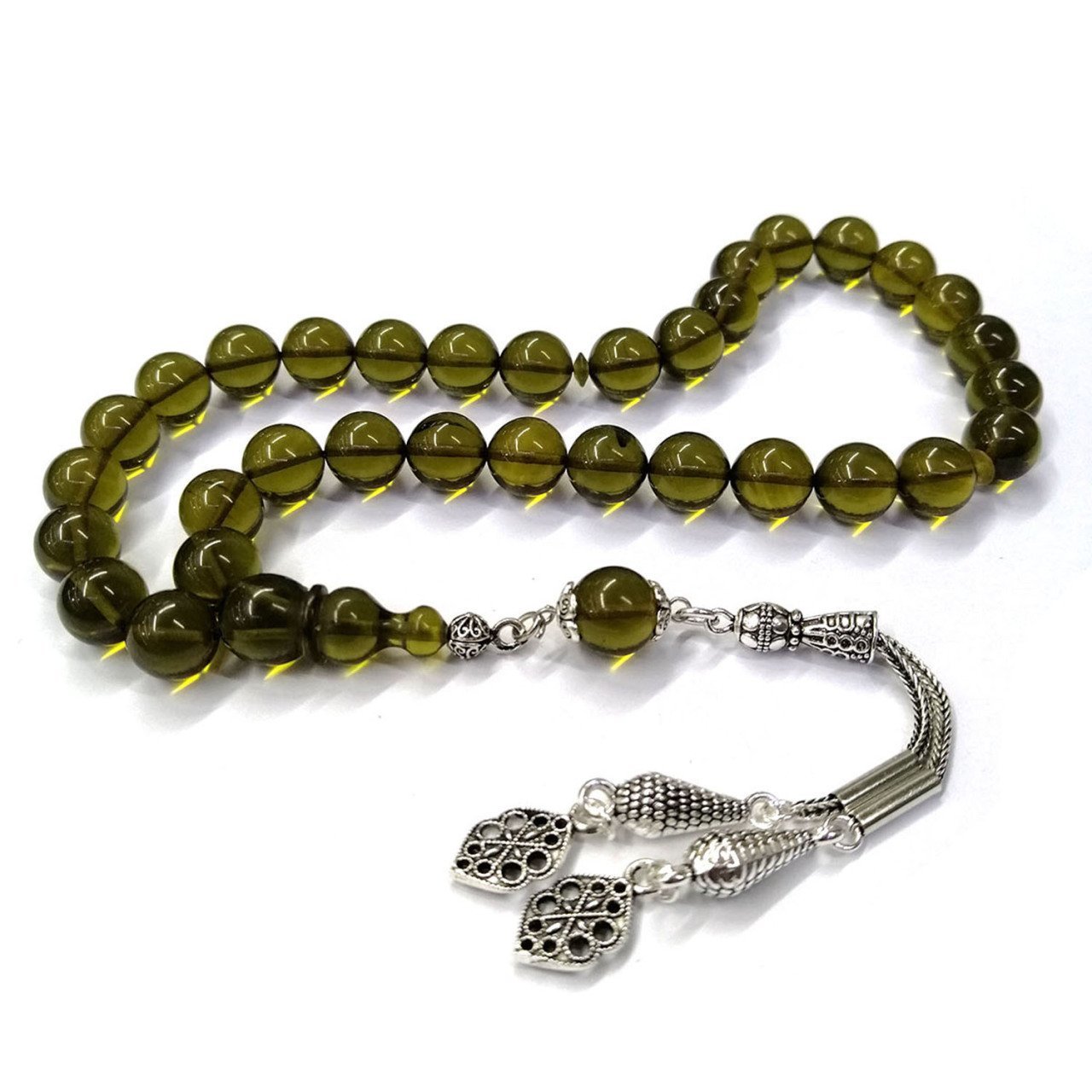 Gümüş Kaplama Püsküllü Küre Kesim Yeşil Renk Ateş Kehribar Tesbih