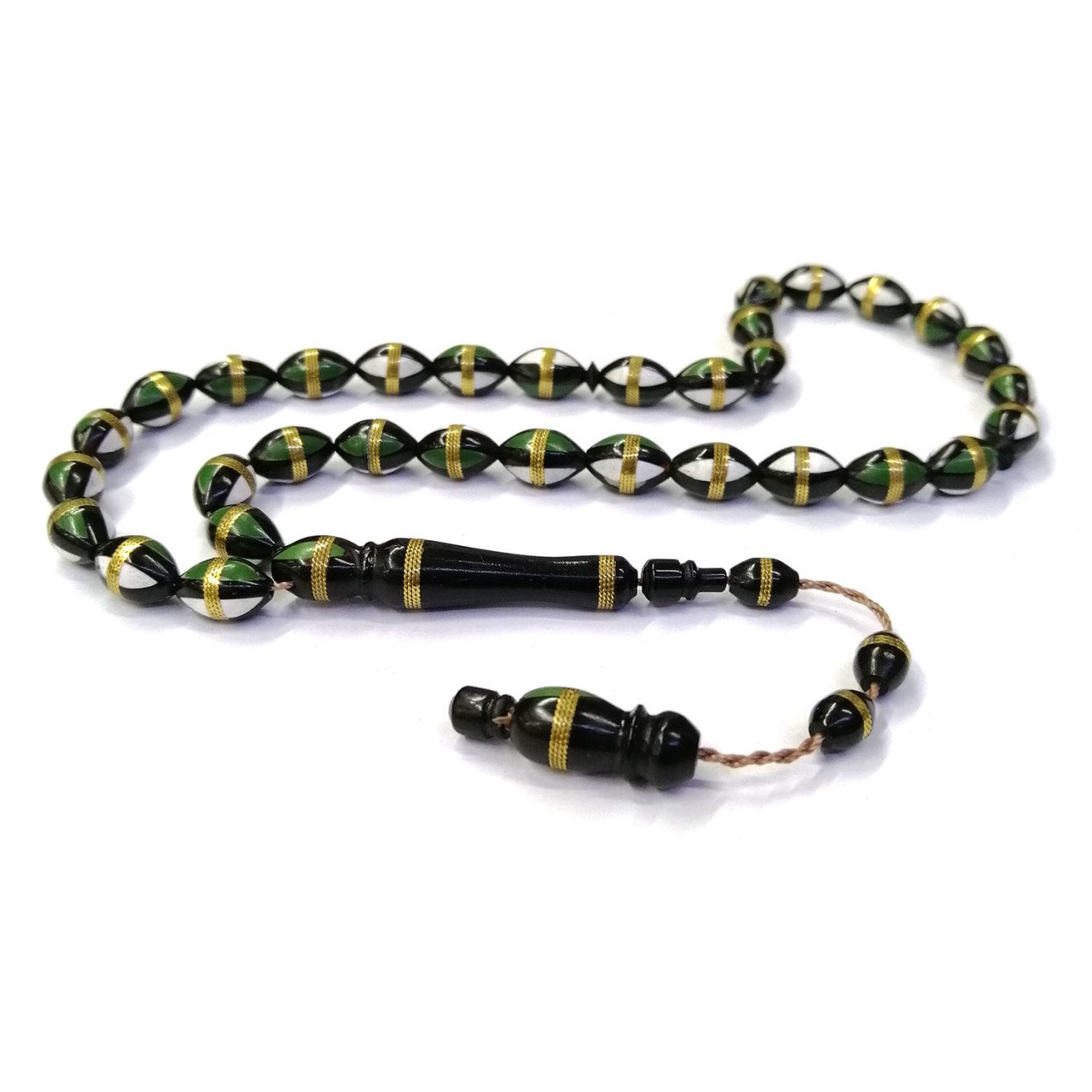 Sistemli Püsküllü Pirinç Sarmal Yeşil Beyaz Mineli Arpa Kesim Kuka Tesbih