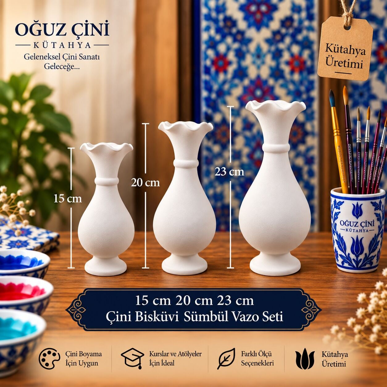 15 cm 20 cm 23 cm Çini Bisküvi Sümbül Vazo Seti