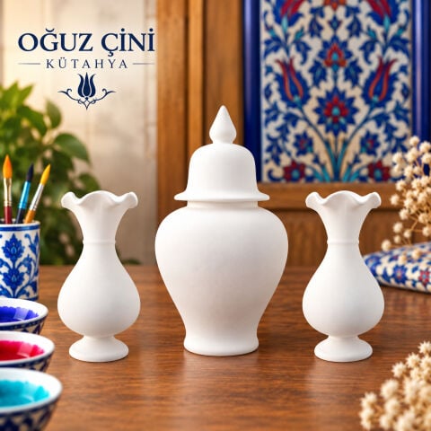 18 cm Şah Kavanoz - 2 Adet 15 cm Sümbül Vazo Çini Bisküvi Seti