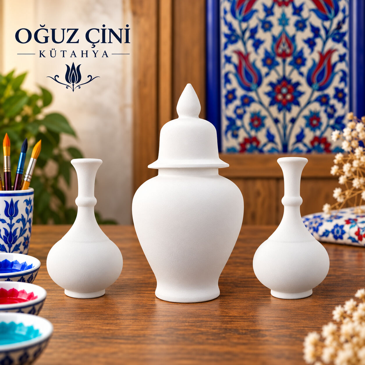 18 cm Küp ve 15 cm Vazo Çini Bisküvi Takımı