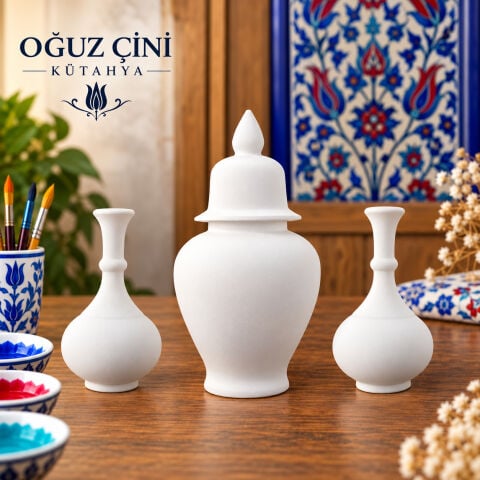 18 cm Küp ve 15 cm Vazo Çini Bisküvi Takımı