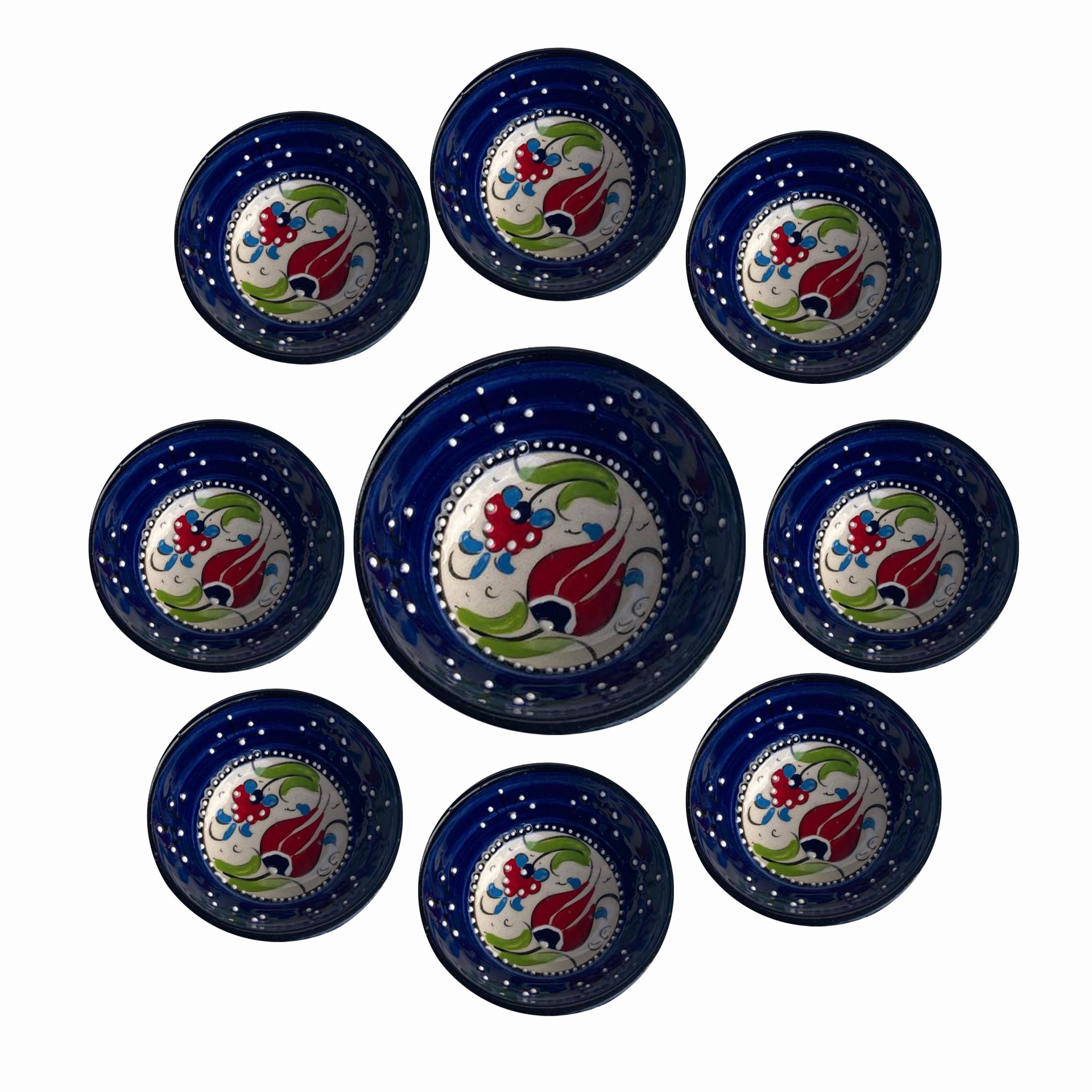 Lacivert Çerezlik Seti 8 tane El Dekoru 8*3,5 cm Seramik  Kase 1 tane13*5,5 cm Kütahya Kase