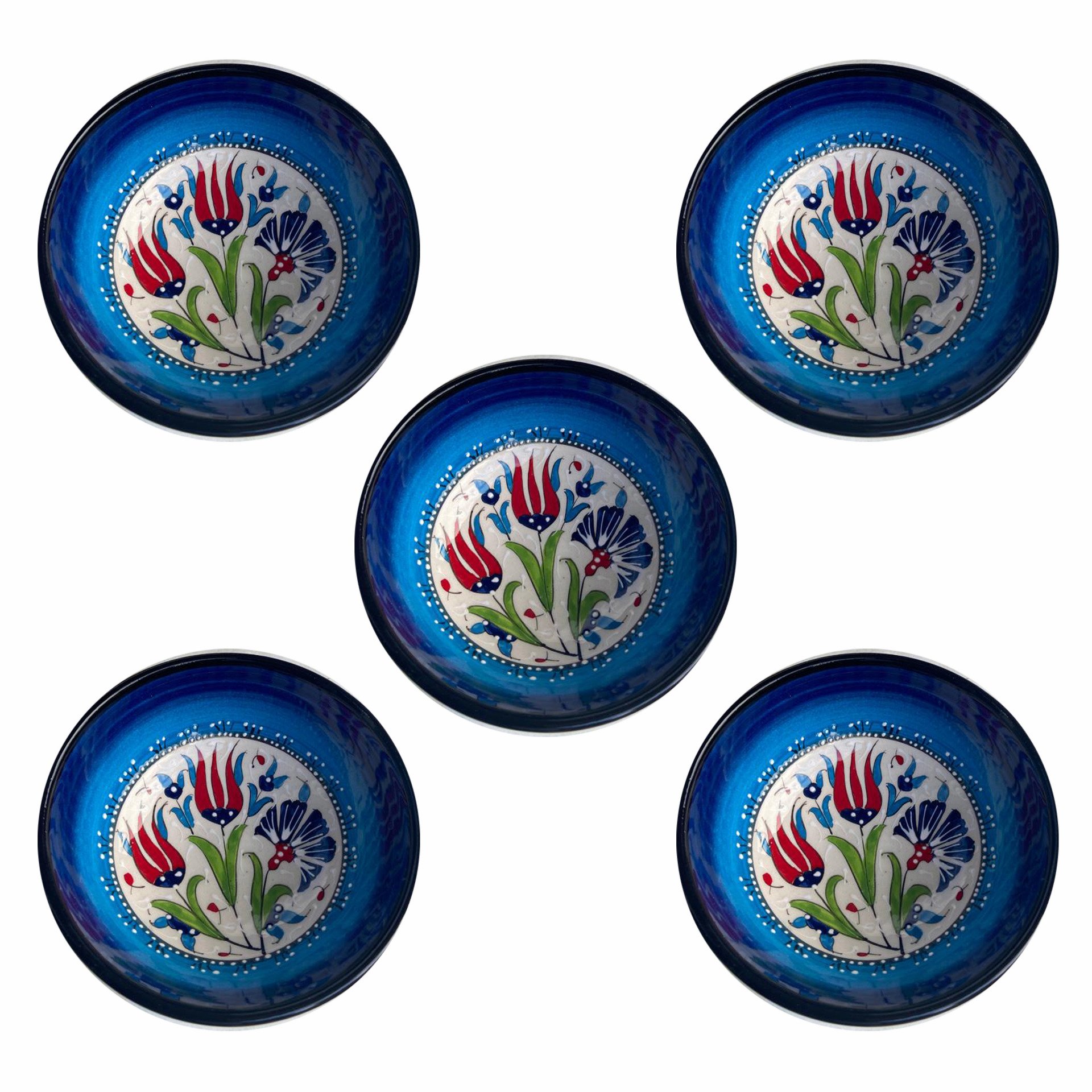 5 Li Lacivert Açık Mavi Çerezlik El Dekoru 13*5,5 cm Seramik  Kütahya Kase