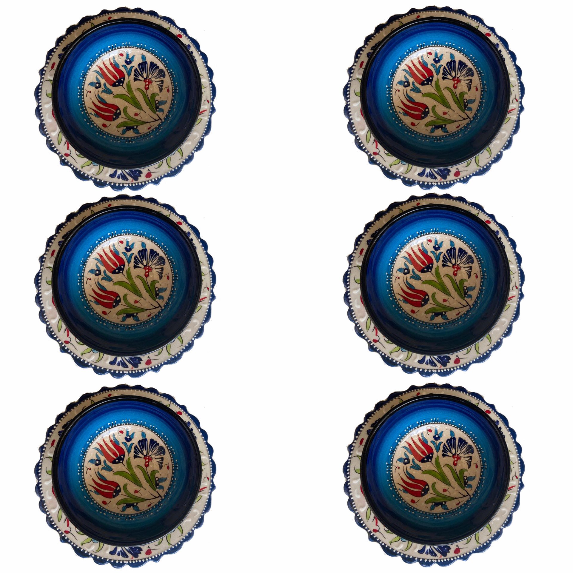 Tabaklı Çerezlik Pasta Seti 6 tane El Dekoru 13*5,5 cm Seramik  Kase 6 tane 18 cm Kütahya Pasta Tabağı